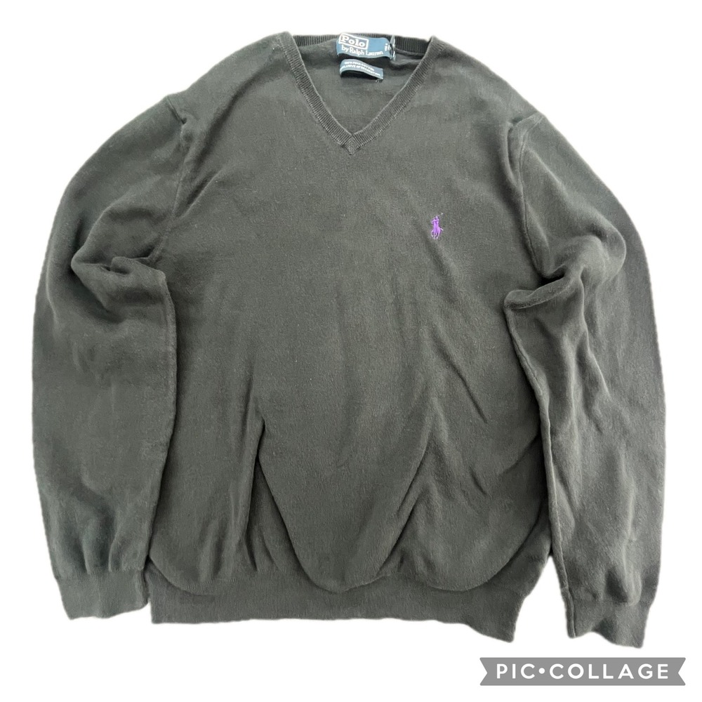 Polo Ralph Lauren Men's V-Neck Sweater Black Purple Pony Logo Pima Cotton XL